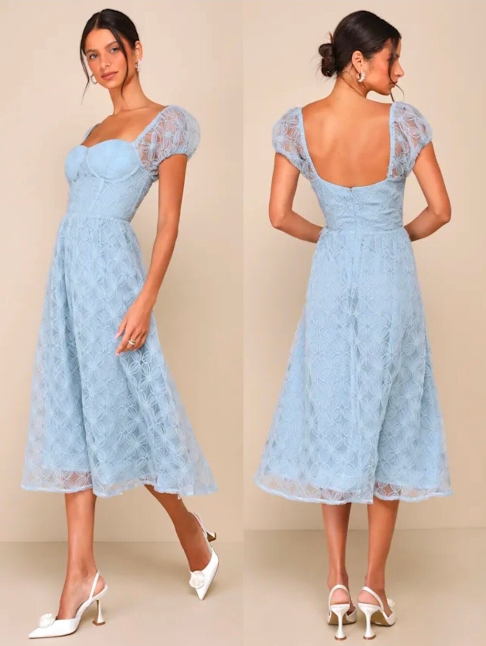 NWT LULUS Blue Exceedingly Elegant Floral Applique Bustier Midi Dress